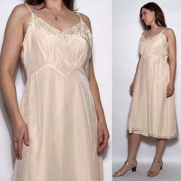 Vintage 1950s Baby PINK Bias Cut Slip Dress with LACE & EMBROIDERY! XL - Picture 1 of 11